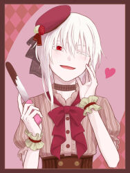 Rule 34 | 1girl, accelerator (toaru majutsu no index), albino, black border, black corset, black ribbon, blouse, blush, border, buttons, chocolate, choker, colored eyelashes, corset, food-themed hair ornament, frilled shirt, frills, genderswap, genderswap (mtf), hair ornament, hand on own face, hat, hat ribbon, heart, highres, holding, holding knife, holding weapon, knife, lace, lace-trimmed choker, lace trim, one eye closed, open mouth, pale skin, pink background, pink shirt, pixie cut, puffy short sleeves, puffy sleeves, r l bear, red eyes, red ribbon, ribbon, shirt, short sleeves, sidelocks, smile, spoken heart, strawberry hair ornament, suzushina yuriko, toaru majutsu no index, upper body, weapon, white hair, wrist cuffs