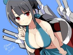 Rule 34 | 10s, 1girl, black hair, blue background, breasts, cannon, cleavage, dated, downblouse, from above, hanging breasts, hat, kantai collection, large breasts, looking at viewer, machinery, navel, red eyes, short hair, simple background, smile, solo, takao (kancolle), turret, twitter username, wara (warapro)