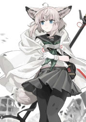 Rule 34 | 1girl, ahoge, alternate costume, animal ears, arknights, black pantyhose, black skirt, blouse, blue eyes, character name, coat, feet out of frame, fox ears, fox girl, fox tail, green neckerchief, grey hair, highres, neckerchief, open clothes, open coat, pantyhose, pleated skirt, red medicine, school uniform, shirt, short hair, skirt, solo, staff, sussurro (arknights), tail, twitter username, white coat, white shirt, wind