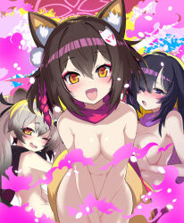 3girls animal_ear_fluff animal_ears black_scarf blue_archive blue_eyes blush breasts brown_hair completely_nude extra_ears fang fox_ears fox_tail grey_hair hair_between_eyes halo heart heart-shaped_pupils izuna_(blue_archive) krono_tokage large_breasts long_hair looking_at_viewer medium_breasts michiru_(blue_archive) multiple_girls navel ninjutsu_research_club_(blue_archive) nude one_eye_closed open_mouth pink_halo pink_scarf purple_hair purple_scarf raccoon_ears scarf short_hair skin_fang small_breasts smile symbol-shaped_pupils tail tsukuyo_(blue_archive) twintails yellow_eyes