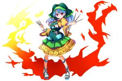 Rule 34 | 1girl, absurdres, apron, arm ribbon, baba (baba seimaijo), between fingers, blue hair, chisel, commentary request, dress, full body, green apron, green hood, haniyasushin keiki, head scarf, highres, holding, jewelry, looking at viewer, magatama, magatama necklace, nail polish, necklace, pocket, purple eyes, ribbon, sandals, single strap, sleeves past elbows, solo, toenail polish, toenails, touhou, white background, wide sleeves, wood carving tool, yellow dress