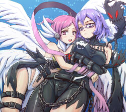 Rule 34 | 2girls, :d, angel and devil, angel wings, angewomon, angewomon (cosplay), asymmetrical clothes, bare shoulders, belt, black belt, black gloves, breasts, catsuit, chain, cleavage, closed mouth, commentary request, cosplay, cowboy shot, digimon, digimon world re:digitize, elbow gloves, feathered wings, glasses, gloves, hagoromo, hair between eyes, highres, hug, ladydevimon, ladydevimon (cosplay), large breasts, leather suit, looking at viewer, medium hair, mikagura mirei, multiple girls, multiple wings, navel, o-ring, o-ring belt, open mouth, parted bangs, pink eyes, pink hair, purple-framed eyewear, purple eyes, purple hair, rindou akiho, shawl, sidelocks, single bare shoulder, skull print, small breasts, smile, standing, stitches, stomach, thigh strap, toriatto gununu, torn clothes, torn wings, twintails, wings, wrist wings