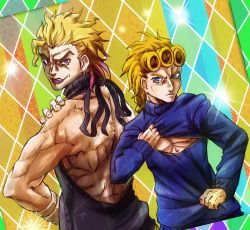 Rule 34 | 2boys, backless outfit, black sweater, blonde hair, blue eyes, blue sweater, bracer, chamaji, commentary request, dio brando, dutch angle, earrings, father and son, giorno giovanna, hand on own shoulder, highres, jewelry, jojo no kimyou na bouken, lens flare, lipstick, makeup, meme attire, multiple boys, muscular, open-chest sweater, purple eyes, purple lips, spiked hair, sweater, upper body, vento aureo, virgin killer sweater