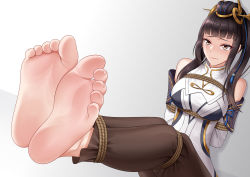 Rule 34 | 1girl, absurdres, arena of valor, black hair, feet, foot focus, highres, long hair, oirin, restrained, rope, soles, solo, toes