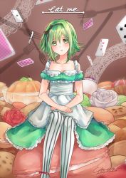 Rule 34 | 1girl, apron, bare shoulders, black ribbon, blush, breasts, card, checkerboard cookie, cleavage, collarbone, commentary request, cookie, dated, dress, eat me (vocaloid), flower, food, fork, frilled dress, frills, green dress, green eyes, green hair, gumi, hair ribbon, hairband, hands on lap, lace, liu chun-ling, looking at viewer, medium breasts, open mouth, pantyhose, playing card, red flower, red rose, ribbon, rose, short hair, sidelocks, signature, sitting, sitting on food, solo, song name, striped clothes, striped pantyhose, vertical-striped clothes, vertical-striped pantyhose, vocaloid, white flower, white rose