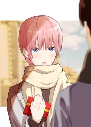 Rule 34 | 1boy, 1girl, absurdres, blue eyes, blurry, blurry background, box, brown hair, coat, commentary request, earrings, gift, gift box, go-toubun no hanayome, grey coat, hair between eyes, highres, holding, holding gift, jewelry, long sleeves, nakano ichika, open mouth, pink hair, scarf, short hair, stud earrings, tawashi (tawashi324), uesugi fuutarou