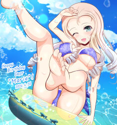 Rule 34 | 1girl, ass, bikini, blonde hair, blue bikini, blush, breasts, cameltoe, character name, cleavage, crotch, dated, drill hair, feet, girls und panzer, green eyes, happy birthday, highres, kumaisao, large breasts, long hair, looking at viewer, marie (girls und panzer), ocean, one eye closed, open mouth, outdoors, sky, smile, solo, swimsuit