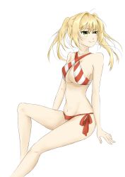 Rule 34 | 1girl, absurdres, ahoge, arm support, bikini, blonde hair, breasts, cleavage, fate/grand order, fate (series), female focus, green eyes, groin, hair intakes, highres, invisible chair, long hair, looking to the side, medium breasts, nero claudius (fate), nero claudius (fate) (all), nero claudius (fate/extra), nero claudius (swimsuit caster) (fate), side-tie bikini bottom, sitting, smile, solo, striped bikini, striped clothes, swimsuit, takehara haru, thighs, twintails, white background