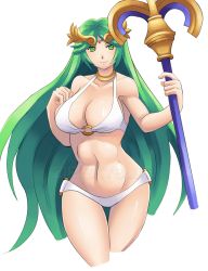 Rule 34 | 1girl, abs, absurdres, bikini, breasts, cleavage, female focus, green eyes, green hair, highres, kid icarus, kid icarus uprising, large breasts, long hair, matching hair/eyes, navel, nintendo, o-ring, o-ring bikini, o-ring bottom, o-ring top, palutena, simple background, smile, solo, staff, swimsuit, thigh gap, toned, very long hair, watermark, white background, white bikini, zipskyblue