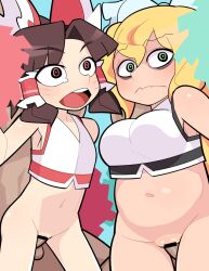 Rule 34 | 2boys, 2girls, alternate costume, armpits, arms up, bags under eyes, bar censor, benikurage (cookie), blonde hair, blue background, bottomless, bow, breasts, brown hair, censored, cheerleader, commentary request, cookie (touhou), cowboy shot, crop top, facial mark, flat chest, frilled bow, frilled hair tubes, frills, green eyes, hair between eyes, hair bow, hair tubes, hakurei reimu, hetero, hospital king, kirisame marisa, large breasts, long hair, mars (cookie), medium bangs, medium hair, multiple boys, multiple girls, navel, open mouth, parted bangs, penis, plump, pom pom (cheerleading), ponytail, pussy, red bow, red eyes, ringed eyes, sex, sex from behind, simple background, small breasts, smile, textless version, touhou, vaginal, wavy mouth, whisker markings, white bow