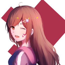 Rule 34 | 1girl, ;d, ahoge, brown hair, rabbit hair ornament, d.va (overwatch), facial mark, hair ornament, highres, long hair, looking at viewer, one eye closed, open mouth, overwatch, overwatch 1, portrait, red eyes, shy (953416992), smile, solo
