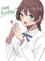Rule 34 | 1girl, aqua eyes, artist name, artist request, blouse, blue bow, blue eyes, blue ribbon, blush, bow, bowtie, braid, breasts, brown hair, buttons, close-up, collared shirt, emma verde, female focus, fingers together, freckles, hair between eyes, hair tie, heart, highres, index fingers together, large breasts, long hair, long sleeves, looking at viewer, love live!, love live! nijigasaki high school idol club, love live! school idol festival, medium breasts, parted lips, red hair, ribbon, shirt, smile, solo, twin braids, twintails, upper body, white background, white shirt, wing collar