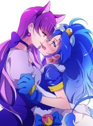Rule 34 | 10s, 2girls, animal ears, bad id, bad twitter id, blue eyes, blue gloves, blue hair, blush, cat ears, choker, couple, cure gelato, cure macaron, dress, earrings, elbow gloves, embarrassed, extra ears, eye contact, fang, gloves, hug, imminent kiss, jewelry, kirakira precure a la mode, kiss, kotozume yukari, lion ears, lion tail, long hair, looking at another, magical girl, multiple girls, neck, negom, open mouth, precure, puffy short sleeves, puffy sleeves, purple choker, purple eyes, purple hair, short sleeves, shy, simple background, smile, surprised, sweat, tail, tategami aoi, white background, white gloves, yuri