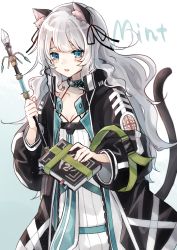 Rule 34 | 1girl, andou yuna, animal ear fluff, animal ears, arknights, black jacket, black ribbon, blue eyes, blush, book, cat ears, cat girl, cat tail, character name, collar, collarbone, dress, gradient background, hair ribbon, highres, holding, holding book, holding wand, infection monitor (arknights), jacket, looking at viewer, mint (arknights), open mouth, ribbon, solo, standing, tail, tail raised, upper body, wand, white dress, white hair