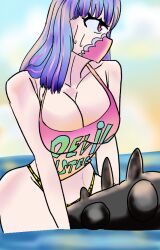 Rule 34 | 1girl, bikini, bikini bottom only, blue hair, breasts, buoy, cleavage, large breasts, long hair, looking at viewer, mask, mouth mask, multicolored hair, navel, one piece, pink eyes, pool, print shirt, revealing clothes, reverse outfit, shirt, sorambk, sunlight, swimsuit, thighhighs, thighs, ulti (one piece), water, weapon