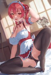 Rule 34 | 1girl, alternate costume, apron, arm behind head, arm support, armpits, bed sheet, black panties, black thighhighs, blurry, blurry background, breasts, bridal garter, cleavage, detached collar, dress, enmaided, fang, feet, frikulu, hair between eyes, hair ribbon, heterochromia, highres, hololive, houshou marine, large breasts, looking at viewer, maid, maid apron, maid headdress, neck ribbon, on bed, open mouth, panties, pantyshot, red dress, red eyes, red hair, red ribbon, ribbon, sitting, sleeveless, sleeveless dress, solo, spread legs, thighhighs, twintails, twitter username, underwear, virtual youtuber, waist apron, window, yellow eyes
