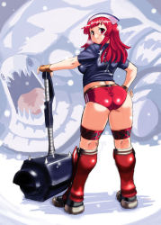 Rule 34 | 00s, 1girl, ass, blunt bangs, breasts, buruma, capcom, curvy, disgaea, dr.p, fingerless gloves, full body, gloves, hammer, hand on own hip, hat, hermitaur (armor), hime cut, hip focus, la pucelle, looking back, makai senki disgaea, makai senki disgaea 2, makai senki disgaea 3, mallet, medium breasts, mole, mole under eye, monster hunter (series), nippon ichi, nurse cap, plump, prier, red eyes, red hair, smile, snow, solo, standing, thick thighs, thighs, third-party edit, turtle, ukanlos