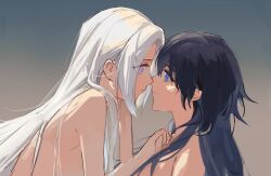 Rule 34 | 2girls, artuvia, blue eyes, blue hair, byleth (female) (fire emblem), byleth (fire emblem), edelgard von hresvelg, fire emblem, fire emblem: three houses, gradient background, hair between eyes, hand in another&#039;s hair, hand on another&#039;s chest, highres, imminent kiss, leaning forward, long hair, looking at another, multiple girls, nintendo, parted bangs, purple eyes, topless, upper body, white hair, yuri