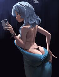 Rule 34 | 1girl, absurdres, ako (blue archive), ako (dress) (blue archive), ass, backless dress, backless outfit, black hairband, blue archive, blue dress, blue eyes, blue hair, blue halo, breasts, cellphone, cowboy shot, cuffs, dress, hairband, halo, handcuffs, highres, holding, holding phone, large breasts, long hair, open mouth, phone, sleeveless, sleeveless dress, smartphone, soldat (dndosld73832), solo, thong, underwear, whale tail (clothing)