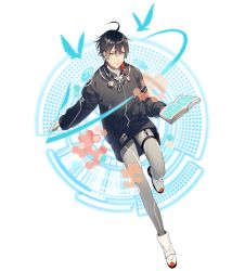 Rule 34 | 1boy, ahoge, bird, black hair, black jacket, book, brown eyes, e9t, exe2045, gradient hair, grey legwear, hair ornament, holding, holding book, holding quill, jacket, joints, junga ruka, looking at viewer, multicolored hair, open book, pocket, quill, robot joints, short hair, solo, thigh strap, transparent background, white footwear, zipper