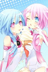 Rule 34 | 10s, 2girls, absurdres, bare shoulders, blue eyes, blue hair, eating, food, gloves, highres, ice cream, long hair, looking at viewer, multiple girls, neptune (series), official art, phallic symbol, pink hair, power symbol, power symbol-shaped pupils, ram (neptunia), rom (neptunia), scan, sexually suggestive, siblings, sisters, smile, suggestive fluid, symbol-shaped pupils, tongue, tongue out, tsunako, twins, white sister ram, white sister rom
