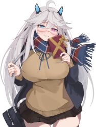 Rule 34 | 1girl, absurdres, ahoge, bag, black bag, black jacket, black skirt, blue eyes, blue nails, blue scarf, box, breasts, brown sweater, cowboy shot, facial mark, gift, gift box, grey hair, hair between eyes, hair ornament, heterochromia, highres, holding, holding gift, indie virtual youtuber, jacket, jknor, large breasts, long hair, miniskirt, multicolored clothes, multicolored scarf, open clothes, open jacket, pink eyes, prot0type7, red scarf, scarf, school bag, second-party source, skirt, smile, solo, sweater, virtual youtuber