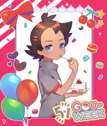 Rule 34 | 1boy, :t, absurdres, antenna hair, blue eyes, blush, brown hair, cake, character name, closed mouth, colaoud, commentary request, creatures (company), eating, eyelashes, food, food on face, fork, fruit, game freak, goh (pokemon), grey shirt, highres, holding, holding fork, holding plate, korean commentary, looking at viewer, male focus, nintendo, plate, pokemon, pokemon (anime), pokemon journeys, shirt, short hair, short sleeves, solo, star (symbol), strawberry