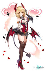 Rule 34 | 1girl, absurdres, ahoge, asymmetrical gloves, bare shoulders, black gloves, black skirt, blonde hair, bracelet, breasts, brown eyes, brown thighhighs, cleavage, clothing cutout, demon girl, demon horns, demon tail, demon wings, detached collar, elbow gloves, fishnets, full body, gloves, hand up, haru estia, heart-shaped lock, high heels, highres, horns, jewelry, leg tattoo, lock, looking at viewer, low wings, medium breasts, microskirt, navel, navel cutout, official art, padlock, petals, pleated skirt, red footwear, revealing clothes, see-through, short hair, side cutout, skirt, smile, solo, soulworker, spiked bracelet, spikes, standing, suou-sensei, tail, tattoo, thighhighs, thighs, uneven gloves, wings