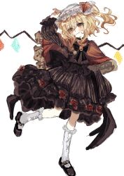 Rule 34 | 1girl, absurdres, alternate costume, black dress, black footwear, black ribbon, blonde hair, brooch, capelet, chinese commentary, closed mouth, commentary request, dress, fang, flandre scarlet, frilled capelet, frilled sleeves, frills, full body, hair between eyes, hat, hat ribbon, highres, huangdouliuhan, jewelry, leg up, long sleeves, mob cap, orange eyes, red brooch, red capelet, red nails, red ribbon, ribbon, side ponytail, simple background, sketch, smile, socks, solo, touhou, white background, white hat, white socks, wings