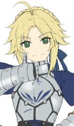 Rule 34 | 1girl, ahoge, armor, armored dress, artoria pendragon (all), artoria pendragon (fate), blonde hair, blue ribbon, braid, breastplate, closed mouth, cosplay, fate/apocrypha, fate/stay night, fate (series), gauntlets, green eyes, hair ribbon, hand up, highres, juliet sleeves, long sleeves, looking at viewer, mordred (fate), mordred (fate/apocrypha), parted bangs, puffy sleeves, ribbon, saber (fate), saber (fate) (cosplay), simple background, sketch, smile, solo, tonee, upper body, white background