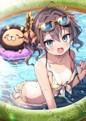 Rule 34 | 1girl, adjusting clothes, adjusting swimsuit, ahoge, anvil, ayaoshiro, bare shoulders, bikini, blue eyes, blush, bracelet, breasts, brown hair, cleavage, collarbone, earrings, flower, fruit print, hair flower, hair ornament, highres, hololive, jewelry, looking at viewer, nail polish, natsuiro matsuri, open mouth, partially submerged, pink nails, pool, small breasts, smile, solo, sunflower, sunflower hair ornament, sunglasses on head, swimsuit, tan, tanline, twintails, virtual youtuber, water, white bikini