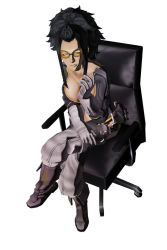 Rule 34 | 1girl, 3d, black hair, boots, breasts, chair, cleavage, dr. naomi, glasses, gloves, grasshopper manufacture, large breasts, no more heroes, non-web source, office chair, official art, sitting, solo, sunglasses, swivel chair