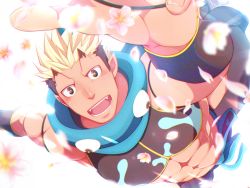 Rule 34 | 1boy, abs, backlighting, bara, bare shoulders, black hair, blonde hair, blue scarf, blush, crow (siranui), falling, fangs, flower, foreshortening, highres, horns, jiraiya (housamo), looking at viewer, male focus, midriff, multicolored hair, muscular, muscular male, oni, pectorals, petals, pink flower, pointy ears, scarf, short hair, sideburns, skin-covered horns, smile, solo, stomach, tokyo houkago summoners, two-tone hair, undercut