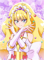 Rule 34 | 1girl, abstract background, absurdres, back bow, blonde hair, blue eyes, bow, bridal gauntlets, candy, closed mouth, collarbone, cowboy shot, crossed arms, cure finale, delicious party precure, fingernails, food, food-themed hair ornament, hair ornament, highres, kasai amane, konpeitou, long hair, looking at viewer, magical girl, precure, purple background, purple nails, red bow, saki (pixiv90771732), shiny skin, smile, solo, standing, tiara, white bow, white bridal gauntlets