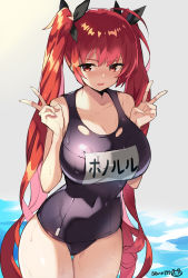 Rule 34 | 1girl, ahoge, artist name, azur lane, black ribbon, blush, breasts, cleavage, covered navel, double v, hair ribbon, highres, honolulu (azur lane), large breasts, long hair, looking at viewer, looking to the side, old school swimsuit, one-piece swimsuit, open mouth, red eyes, red hair, ribbon, school swimsuit, serin199, solo, swimsuit, torn clothes, torn swimsuit, twintails, v, very long hair, wet