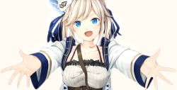 Rule 34 | 10s, 1girl, beret, blonde hair, blue eyes, breasts, collarbone, colorized, cucouroux (granblue fantasy), granblue fantasy, hat, highres, hiraba 6018, long sleeves, open mouth, outstretched arms, reaching, reaching towards viewer, ribbon, simple background, solo, twintails