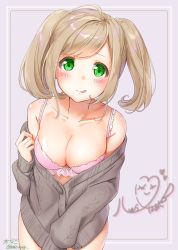 Rule 34 | 1girl, aran sweater, bare shoulders, blush, bow, bow bra, bra, breasts, cable knit, cleavage, collarbone, green eyes, highres, idolmaster, idolmaster cinderella girls, kinako (shiratama mochi), licking lips, light brown hair, long sleeves, looking at viewer, medium breasts, off shoulder, pink bra, sato shin, smile, solo, sweater, tongue, tongue out, twintails, underwear