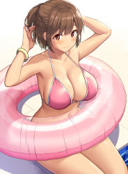 Rule 34 | 1girl, 3:, absurdres, armpits, arms up, bangle, bare arms, bare shoulders, bikini, bracelet, breasts, brown hair, cleavage, closed mouth, collarbone, commentary request, half updo, halterneck, highres, innertube, jewelry, large breasts, looking at viewer, navel, original, pink bikini, poolside, red eyes, sawada yuusuke, short hair, sitting, solo, stomach, strap gap, string bikini, swim ring, swimsuit, thighs