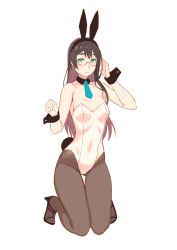 Rule 34 | 1girl, alternate costume, animal ears, arm up, bare shoulders, black footwear, blue eyes, blue necktie, breasts, brown hair, brown pantyhose, closed mouth, collarbone, covered navel, detached collar, fake animal ears, fake tail, female focus, frown, full body, glasses, gluteal fold, green eyes, hand in own hair, high heels, highres, kantai collection, kneeling, leotard, long hair, looking at viewer, multicolored hair, necktie, ooyodo (kancolle), pantyhose, pink hair, playboy bunny, rabbit ears, rabbit tail, rimless eyewear, simple background, small breasts, solo, strapless, strapless leotard, tail, thigh gap, two-tone hair, white background, white leotard, wrist cuffs, yuuji (and)
