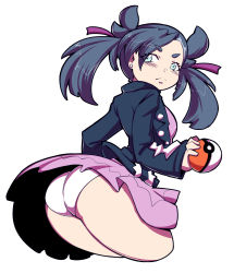 Rule 34 | 1girl, absurdres, ass, black hair, blue eyes, blush, breasts, closed mouth, cowboy shot, creatures (company), cropped legs, dragoontequila, dress, from behind, game freak, highres, holding, holding poke ball, jacket, leather, leather jacket, long hair, long sleeves, looking back, marnie (pokemon), medium breasts, nintendo, panties, pink dress, poke ball, poke ball (basic), pokemon, pokemon swsh, simple background, solo, standing, twintails, underwear, white background, white panties