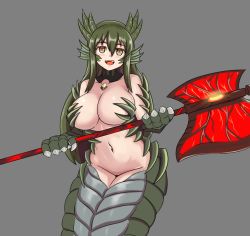 Rule 34 | 1girl, :d, animal hands, axe, bare shoulders, breasts, brown eyes, claws, commentary, cursed sword (monster girl encyclopedia), dragon girl, english commentary, fangs, fins, green hair, grey background, hair between eyes, head fins, highres, horns, lamia, large breasts, long hair, looking at viewer, monster girl, monster girl encyclopedia, nav (itsnav), navel, open mouth, scales, simple background, smile, solo, teeth, weapon, wurm (monster girl encyclopedia)