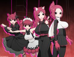 Rule 34 | 4girls, :3, animal ears, arms behind back, black bow, black dress, blunt bangs, bow, braid, breasts, cat ears, closed mouth, commentary request, crossover, dress, extra ears, fangs, folded ponytail, from side, frown, gloves, hair bow, hair ribbon, highres, huge breasts, jacket, juliet sleeves, kaenbyou rin, kemurikusa, kyosuke fujiwara, large breasts, leaning forward, leg up, long dress, long sleeves, looking at viewer, maid headdress, medium dress, microskirt, multiple girls, name connection, open mouth, outstretched arms, pantyhose, paw pose, puffy sleeves, red eyes, red gloves, red hair, red ribbon, ribbon, rin (kemurikusa), rina (kemurikusa), ritsu (kemurikusa), scarf, scrunchie, short hair, silhouette, skirt, sleeveless, sleeveless dress, smile, spread arms, standing, standing on one leg, touhou, trait connection, twin braids, twintails, twitter username, white jacket, white scarf, white scrunchie