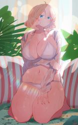 Rule 34 | 1girl, arm under breasts, bikini, bikini under clothes, blonde hair, blue eyes, breasts, cleavage, florida-chan (ryusei hashida), highres, indoors, kneeling, large breasts, looking at viewer, open clothes, open shirt, original, ryusei hashida, see-through, short hair, solo, swimsuit, table, wet, wet clothes, white bikini