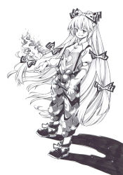 Rule 34 | 1girl, blush, bow, collared shirt, commentary, fire, footwear bow, fujiwara no mokou, full body, greyscale, hair bow, hajime gura, highres, long hair, long sleeves, looking at viewer, monochrome, ofuda, ofuda on clothes, pants, parted lips, ponytail, pyrokinesis, shirt, shoes, smile, solo, suspenders, touhou, traditional media, very long hair