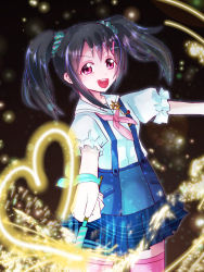 Rule 34 | 1girl, anchor symbol, aqua scrunchie, artist name, artist request, black hair, blue pants, blush, bow, bracelet, collared shirt, female focus, fireworks, hair bow, hair ornament, hair scrunchie, hairclip, highres, jewelry, looking at viewer, love live!, love live! school idol festival, love live! school idol project, neckerchief, pants, parted lips, pink legwear, pink neckerchief, puffy short sleeves, puffy sleeves, red eyes, sailor collar, scrunchie, shirt, short hair, short sleeves, smile, solo, twintails, x hair ornament, yazawa nico
