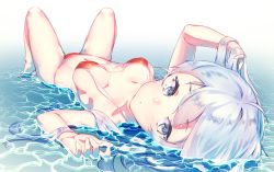 Rule 34 | 1girl, ahoge, arm up, bare arms, bare legs, bare shoulders, barefoot, bikini, blue eyes, blue hair, blush, breasts, breasts apart, collarbone, covered erect nipples, dev (dev0614), downblouse, foreshortening, from behind, full body, hand in own hair, knees up, long hair, looking at viewer, looking back, lying, matching hair/eyes, micro bikini, navel, on back, original, red bikini, short hair, silver hair, small breasts, soles, solo, spread legs, stomach, strap gap, swimsuit, tareme, water, wet, wet hair