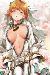 Rule 34 | 10s, 1girl, :o, ahoge, belt, blush, bodysuit, breasts, breasts apart, brown hair, chain, cowboy shot, fate/extra, fate/extra ccc, fate (series), flower, gloves, green eyes, hair flower, hair intakes, hair ornament, half-closed eyes, large breasts, lock, long sleeves, naha78, navel, nero claudius (bride) (fate), nero claudius (fate), nero claudius (fate) (all), no bra, padlock, petals, short hair, solo, unzipped, veil, white gloves, zipper
