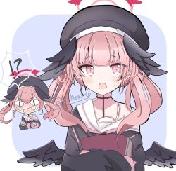 Rule 34 | !?, &lt;|&gt; &lt;|&gt;, 1girl, azukimame, beret, black headwear, black wings, blue archive, feathered wings, halo, hat, head wings, koharu (blue archive), looking at viewer, low wings, medium hair, neckerchief, off shoulder, open mouth, pink eyes, pink hair, pink neckerchief, sailor collar, sleeves past wrists, twintails, white sailor collar, winged hat, wings