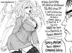 Rule 34 | 1boy, 1girl, 1koma, absurdres, alternate costume, alternate universe, arm at side, arm behind back, bb (baalbuddy), berserk, breasts, business suit, buttons, cleavage, collared shirt, comic, demon girl, demon wings, dripping, english text, eyelashes, flirting, formal, garter straps, greyscale, guts (berserk), hetero, highres, jacket, lace, lace-trimmed legwear, lace trim, large breasts, leaning forward, lips, long hair, long sleeves, looking at another, miniskirt, monochrome, open mouth, pencil skirt, pussy juice, rejection, right-to-left comic, scar, scar on face, scar on nose, shirt, skirt, skirt suit, slan (berserk), smile, suit, tentacle hair, thighhighs, wing collar, wings, zettai ryouiki