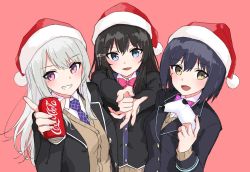 Rule 34 | 3girls, bad id, bad twitter id, black hair, black jacket, blazer, blue eyes, blue hair, blue jacket, blush, bow, bowtie, brown vest, can, cardigan, christmas, coca-cola, collared shirt, commentary, grin, hair between eyes, hair ornament, hairclip, hat, higuchi kaede, higuchi kaede (1st costume), holding, holding can, jacket, jk gumi (nijisanji), karu (kashimiru8143), long hair, long sleeves, looking at viewer, merry christmas, mole, mole under eye, multiple girls, necktie, nijisanji, open clothes, open jacket, open mouth, pink eyes, pink neckwear, pom pom (clothes), ponytail, purple neckwear, red background, red headwear, santa hat, school uniform, shirt, shizuka rin, short hair, silver hair, simple background, smile, straight hair, teeth, tsukino mito, tsukino mito (1st costume), upper body, vest, virtual youtuber, white shirt, wing collar, yellow eyes, yellow vest